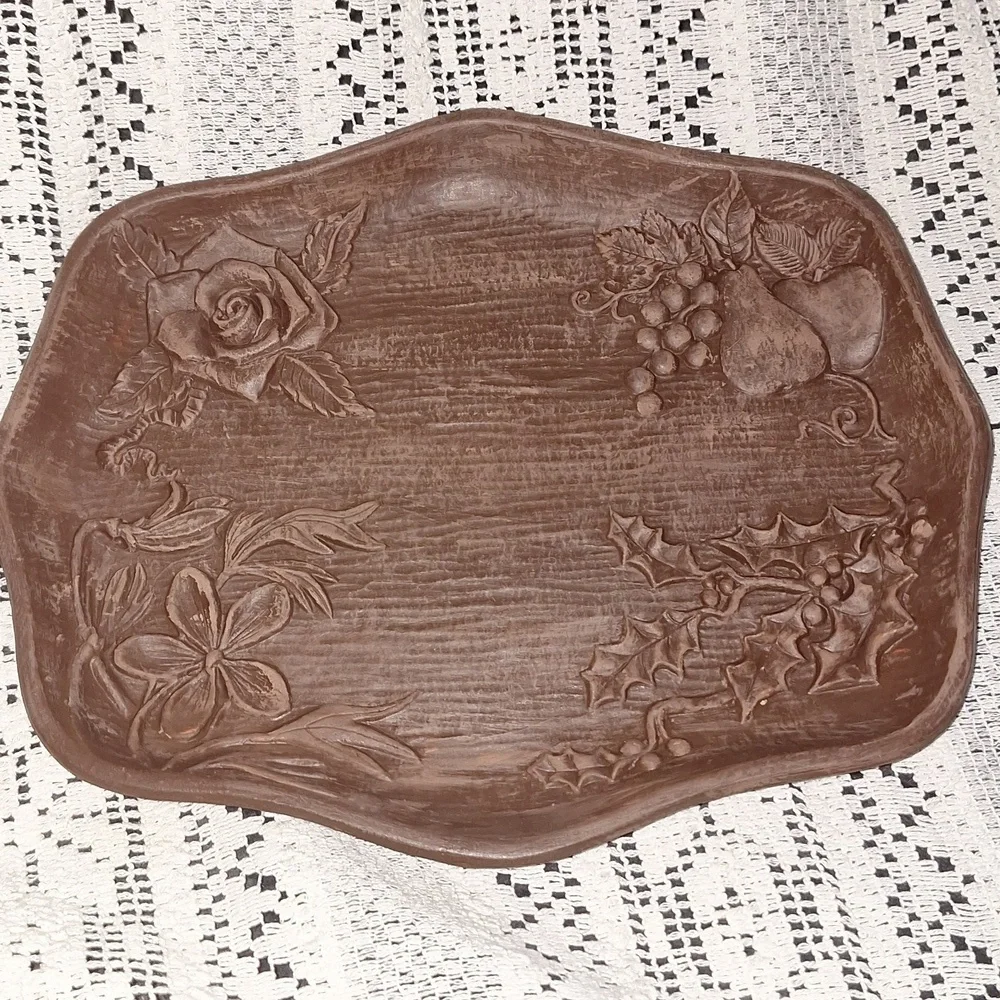 4 Seasons Faux Wood Syroco Carved Floral Tray Dish Multi Products Inc USA VTG